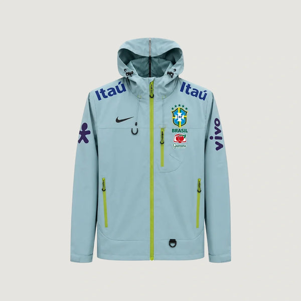 Brésil – Veste Coupe-Vent à Capuche – Gris Bleu & Vert Citron